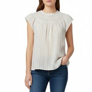 LOFT Blouse XS White‎ Gold Metallic Stripes Boho Ruffled Shirred Cap Sleeve